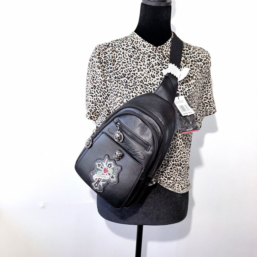 Ed Hardy Black Small Crossbody Sling Bag Adjustable Strap Skull Charm NWT